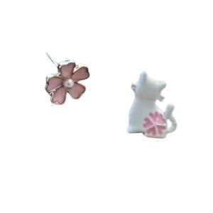 Asymmetrical Cat & Flower Stud Earrings